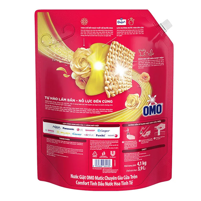 TúI Nước Giặt Omo Matic Comfort Cho Máy Giặt Cửa Trên Hương Tinh Dầu Thơm Xoáy Bay Vết Bẩn, Hương Thơm Bền Lâu 4.1kg