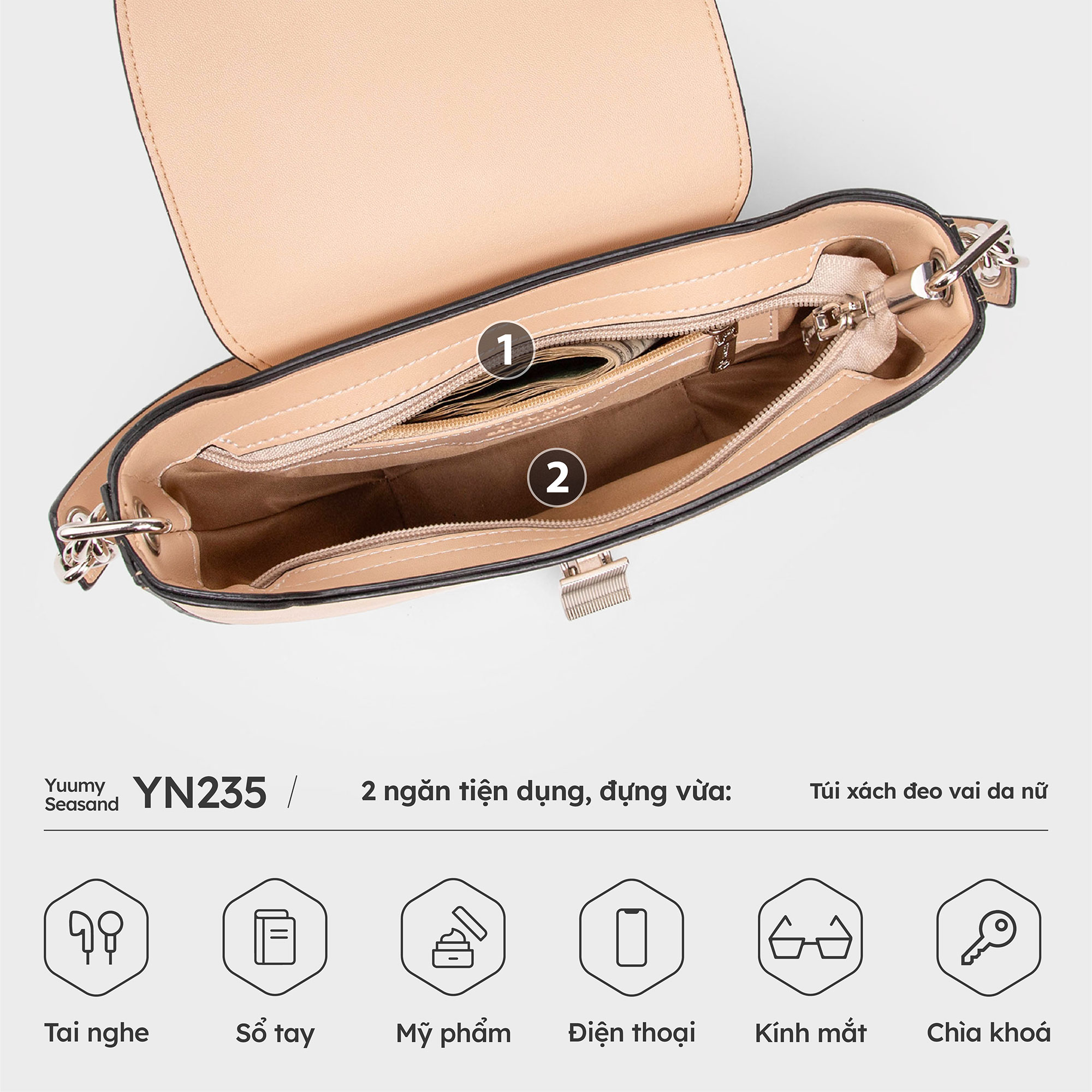 Túi Yuumy ( Thời trang nữ dáng bán nguyệt quai phối xích trẻ trung size 18 - Túi đeo vai da Seasand YN235 )