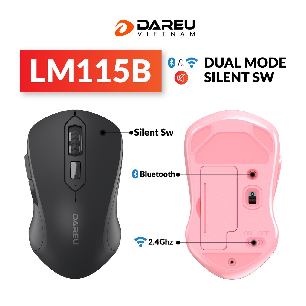 Chuột không dây Bluetooth 5.0 Dareu LM115B + Wireless 2.4GHz ( Silent Switch ) - Hàng chính hãng