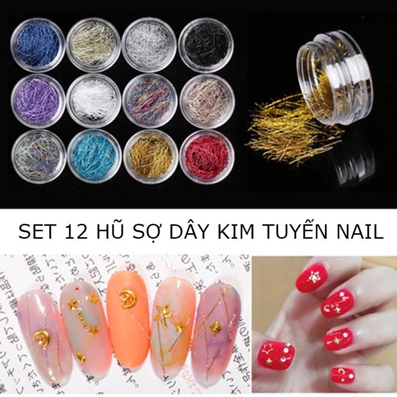 Set sợi kim tuyến trang trí móng, dây dạng thanh nail 12 hũ