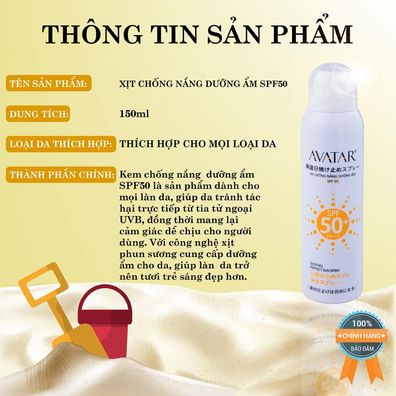 Xịt chống nắng dưỡng ẩm SPF 50 chính hãng - kem chống nắng dạng phun dưỡng ẩm AVATAR SPF 50- xịt dưỡng ẩm chống nắng AVATAR PF 50 cao cấp