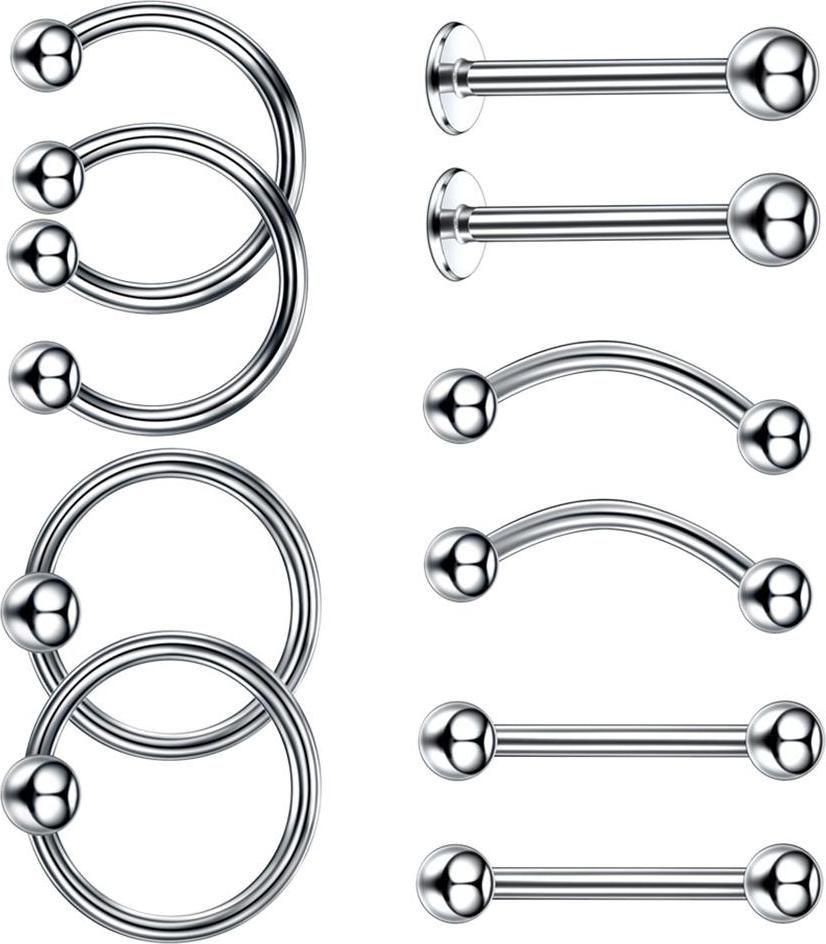 10 Pieces Stainless Steel Nose Lip Tongue Eyebrow Tragus Navel Belly Ring Piercings 16g