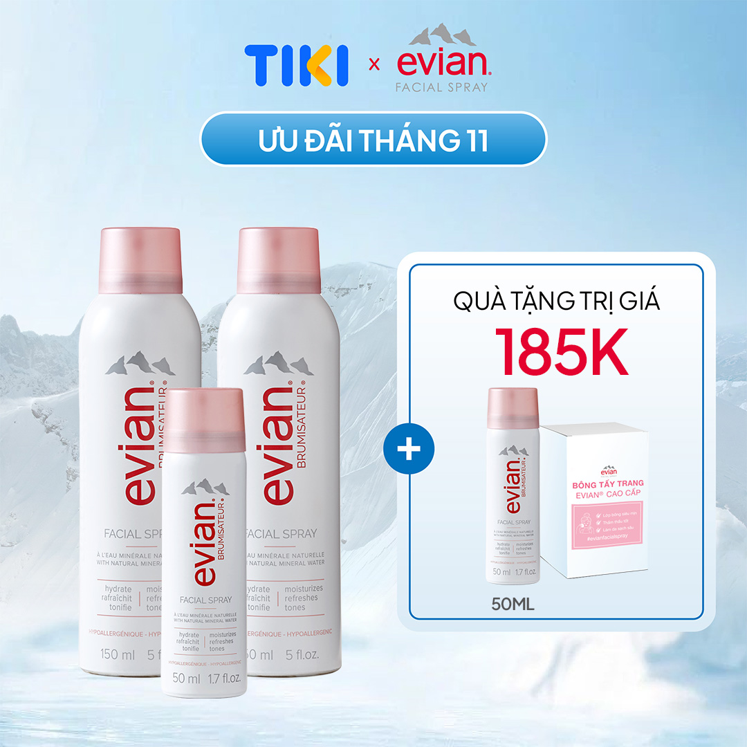 Combo 3 xịt khoáng cấp ẩm và làm dịu da Evian 150ml x 2 + 50ml