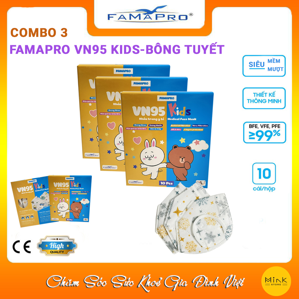 [COMBO 3 HỘP - FAMAPRO VN95 KIDS] - Khẩu trang y tế trẻ em Famapro VN95 KIDS (10 cái/ hộp)