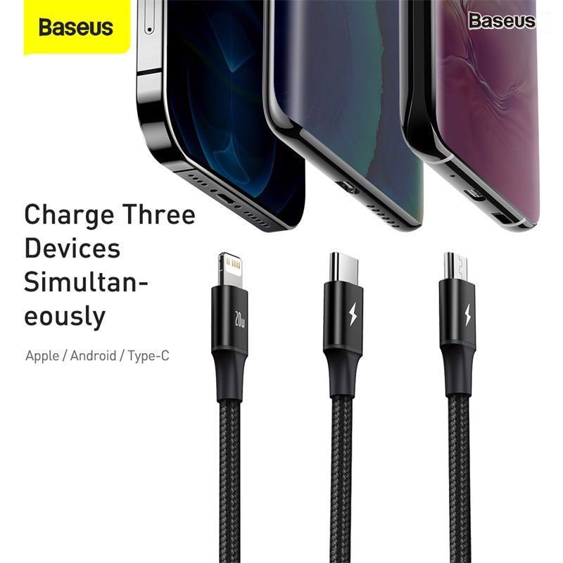 Cáp sạc 3 đầu Baseus Rapid Series 3-in-1 PD 20W (Type C to Type C / Lightning/ Micro USB, Fast Charging &amp; Data Cable) - Hàng chính hãng