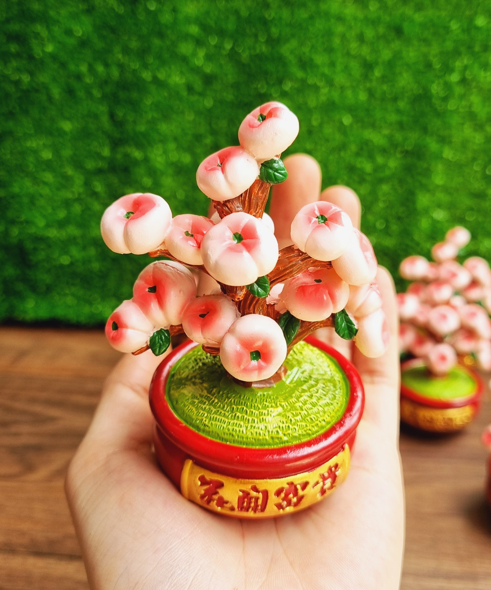 Bộ 02 tượng Ông Bà Thọ / Bách Niên Giai Lão 7cm kèm chậu đào trường thọ 10cm