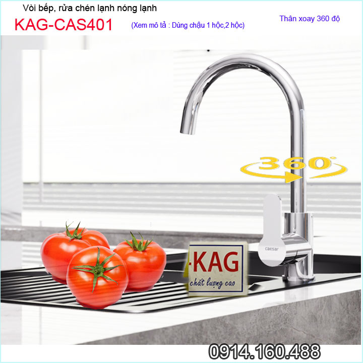 Vòi bếp nóng lạnh KAG-CAS401 thân tròn cao cấp, Vòi chậu rửa chén bát cần cong xoay 180 độ chất lượng tốt sử dụng siêu bền