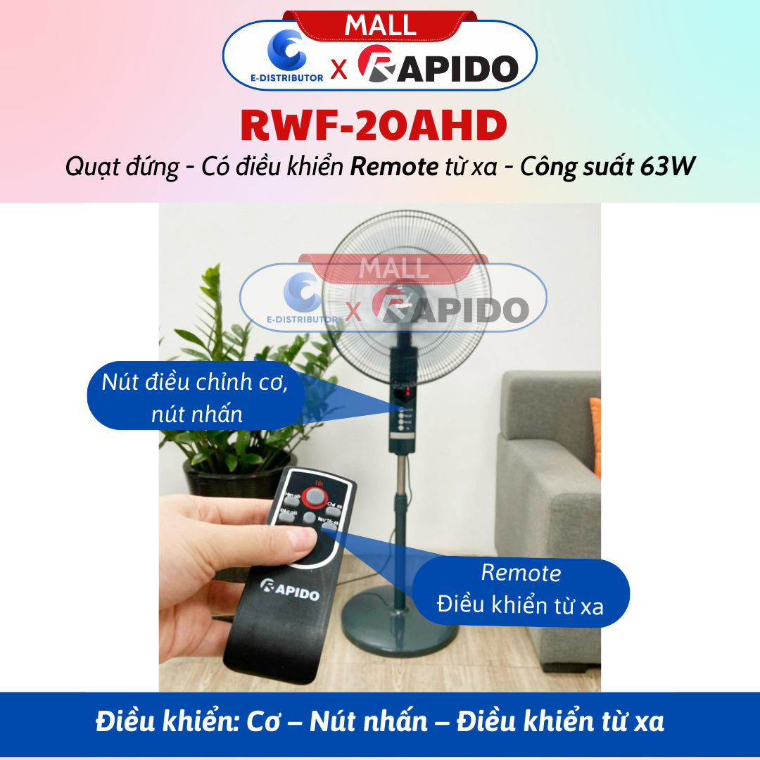 Quạt Đứng Rapido RWF-20AHD - Có Chức Năng REMOTE Điều Khiển Từ Xa - Hàng Chính Hãng - Bảo Hành 12 Tháng - Cao Cấp, Siêu Êm, Kích Thước 50cm, Điều Khiển Cơ, Điện Tử
