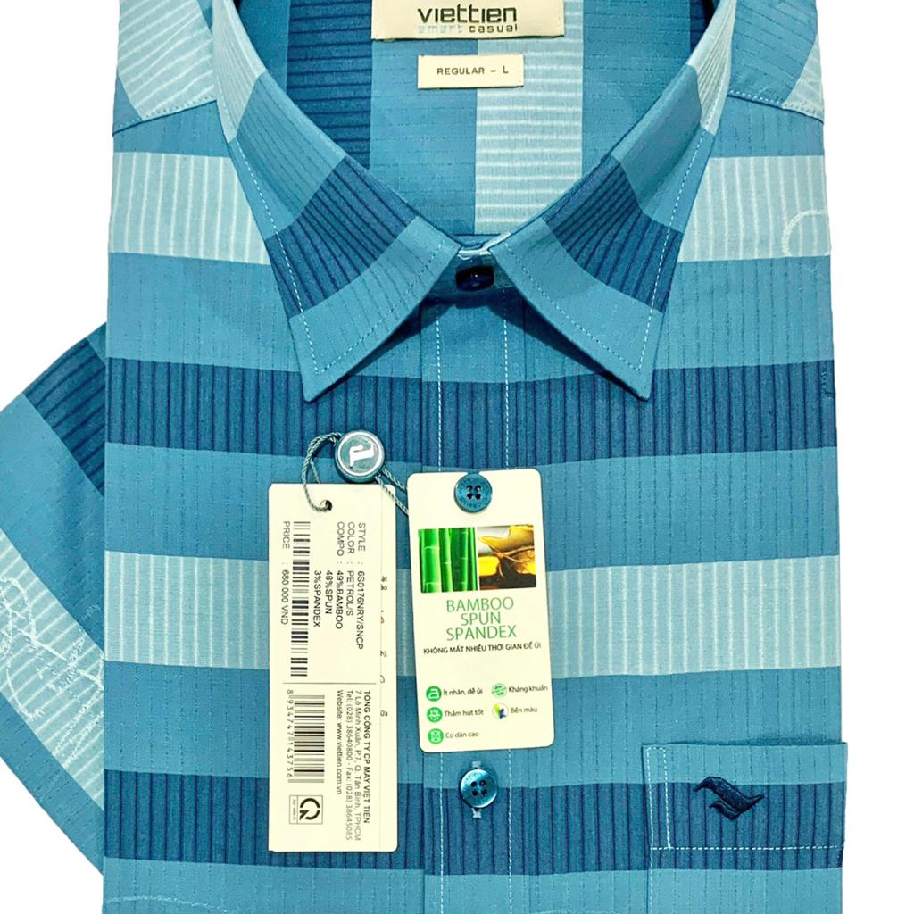 Viettien - Áo sơ mi nam ngắn tay xẻ tà vạt ngang Bamboo spun Regular Sọc ngang Xanh petrol sáng 6