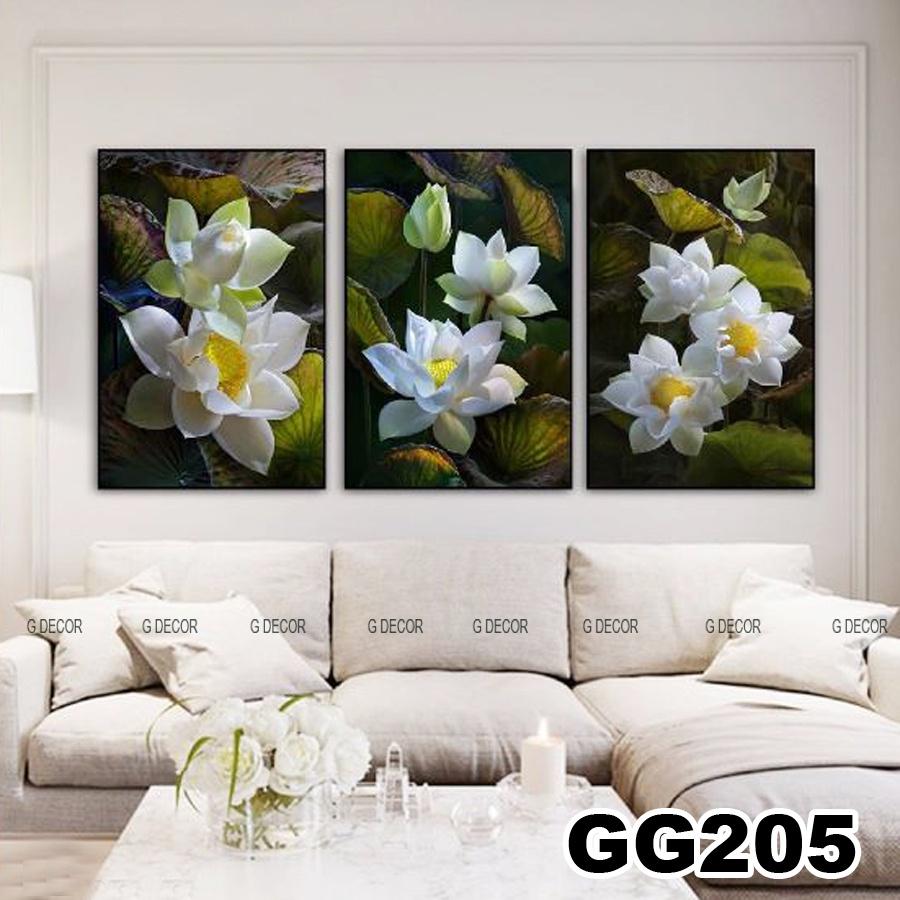 Tranh treo tường canvas 3 bức phong cách hiện đại Bắc Âu 205, tranh hoa sen trang trí phòng khách, phòng ngủ, phòng ăn