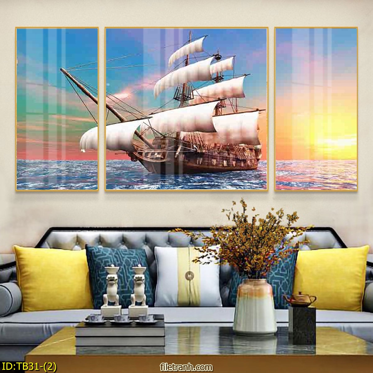 Tranh Canvas Giá Rẻ Hiện Đại - Tranh Bộ 3 Thuận Buồm Xuôi Gió Sang Trọng