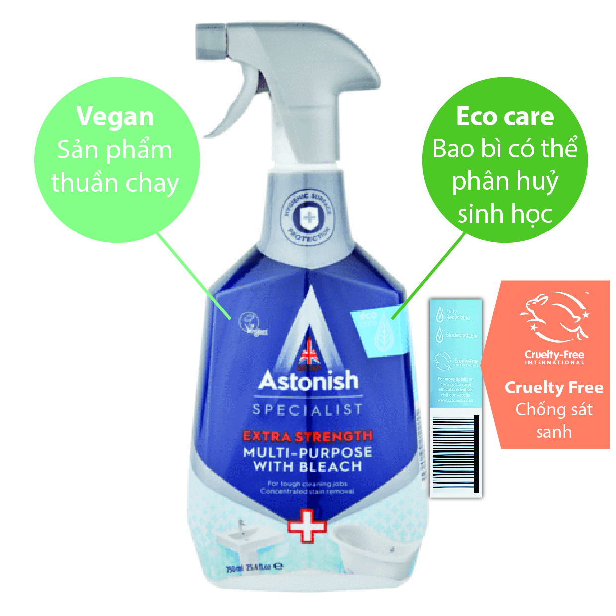 Bình xịt tẩy rửa nhà vệ sinh toilet Astonish C6780 750ml sản xuất tại Anh Quốc chuyên tẩy vết bẩn ố vàng cặn phèn và mảng bám trên các thiết bị sử vệ sinh, nhà tắm như vòi sen, vòi nước, màng nhựa, tường gạch men