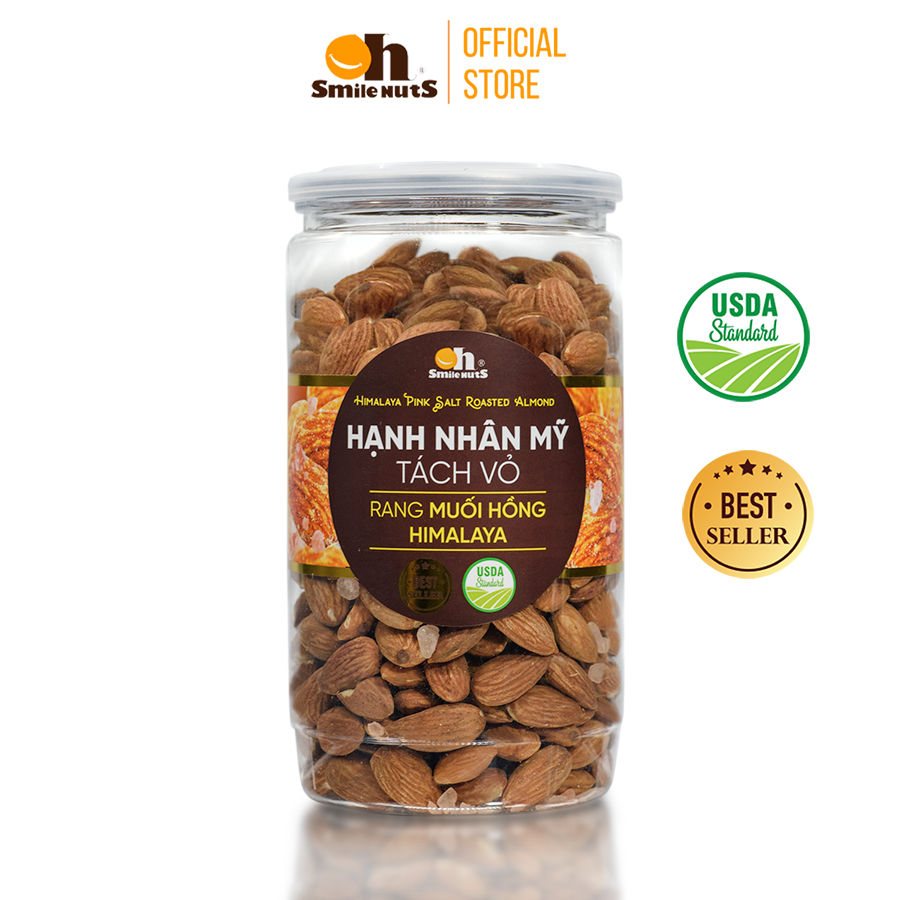 Hạt Hạnh Nhân Tách Vỏ Mỹ Rang Muối Hồng Himalaya Smilenuts _ Trọng lượng 265g/350g/500g - Hạt Hạnh Nhân Smilenuts size 23/25 chuẩn Mỹ, giúp điều hòa cholestero, giòn béo thơm ngon