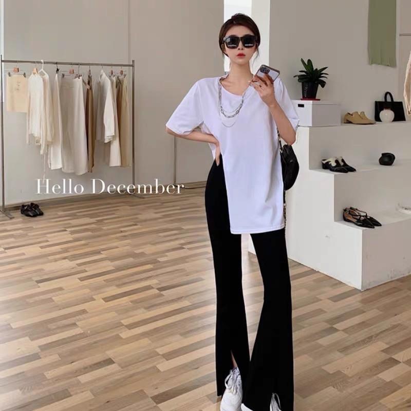 Quần loe xẻ highfashion dài 90-95cm chất poly Hàn co giãn 4c