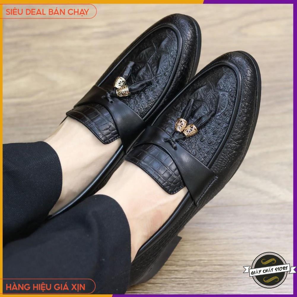 GIÀY LƯỜI DA NAM GIÁ RẺ - DẬP VÂN CÁ SẤU CÓ CHUÔNG VÀNG - ĐẾ CAO 3CM - MÃ L184