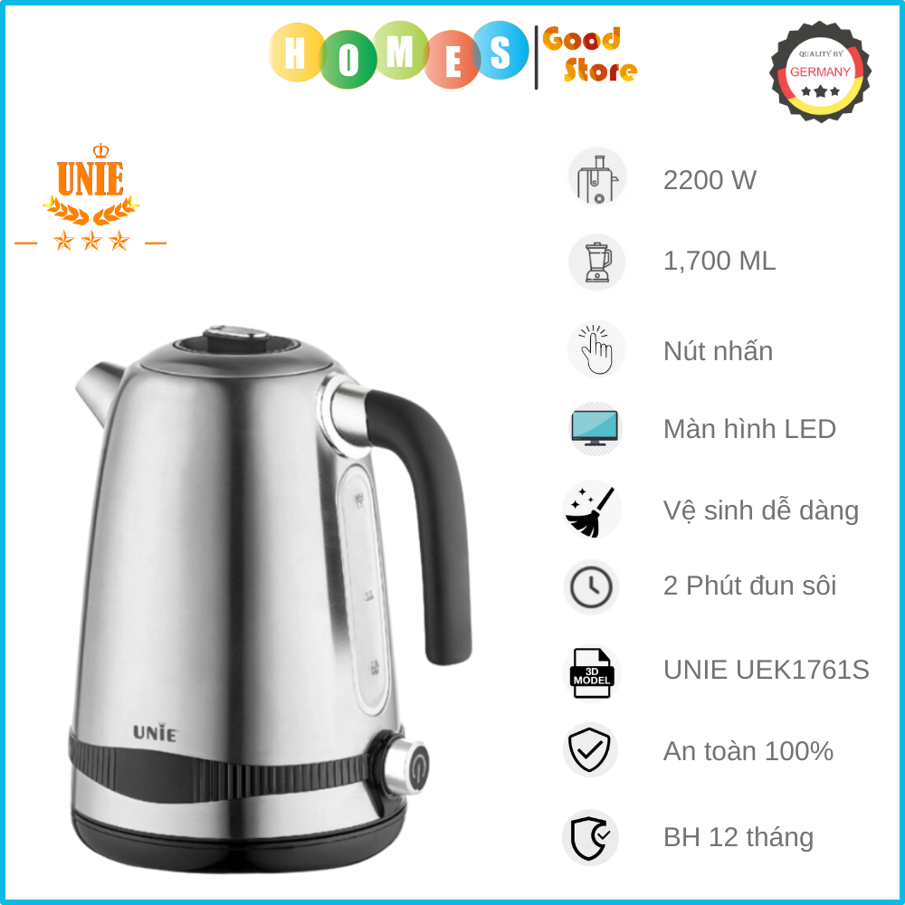 Ấm Siêu Tốc Cao Cấp UNIE UEK1761S Tiêu Chuẩn Đức Vỏ 5 Lớp Inox Sang Trọng Dung Tích 1.7 Lít Công Suất Cao 2200 W - Hàng Chính Hãng