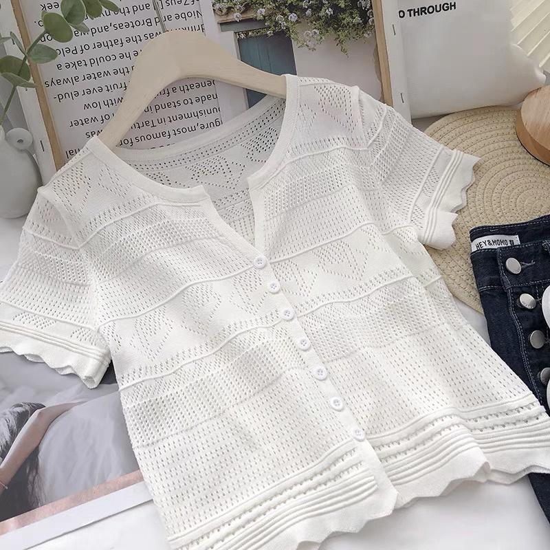 Áo len mongtoghi nữ croptop tay ngắn dệt kim họa tiết kiểu cổ V thời trang phong cách hàng Quảng Châu cao cấp