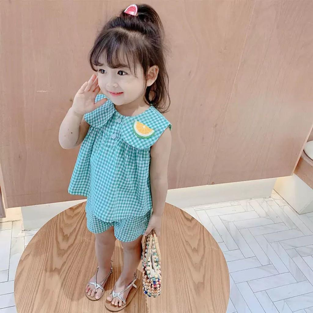 Set áo babydoll + quần đùi họa tiết caro hàng Quảng Châu cao cấp cho bé