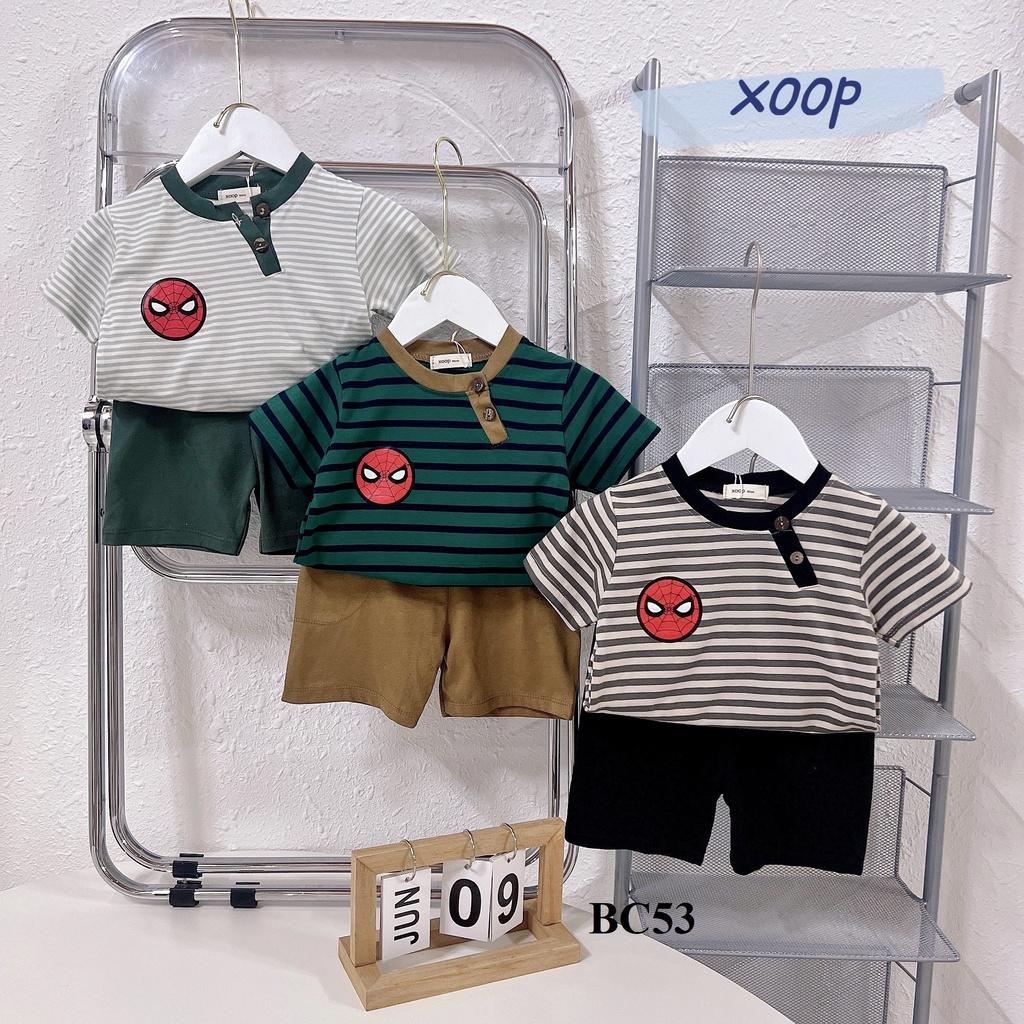 Bộ cộc tay cotton-Đồ Bộ quần cộc tay XOOP sọc kẻ dệt cổ trụ 2 cúc in hình siêu nhân cho bé trai,gái (8-18kg) BC53