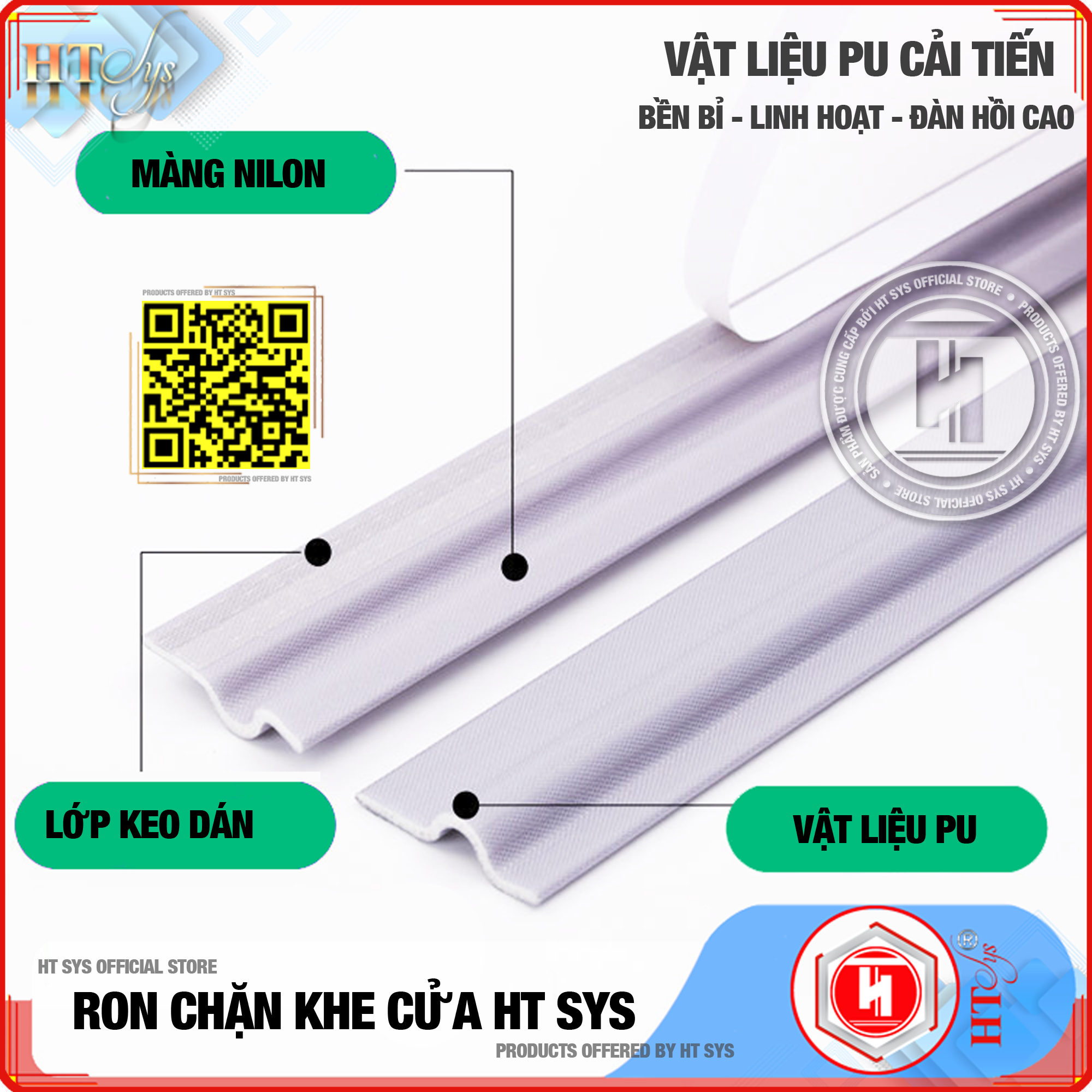 Ron Chặn Khe Cửa HT SYS - Chất Liệu PU Và PE Cao Cấp Dài 3 Mét - Cuộn Ron Dán Khe Cửa, Chân Cửa, Ngăn Gió Lùa, Cách Âm, Chống Bụi, Ngăn Côn Trùng, Chống Thoát Khí Điều Hòa, Chống Va Đập Cửa - Hàng Chính Hãng