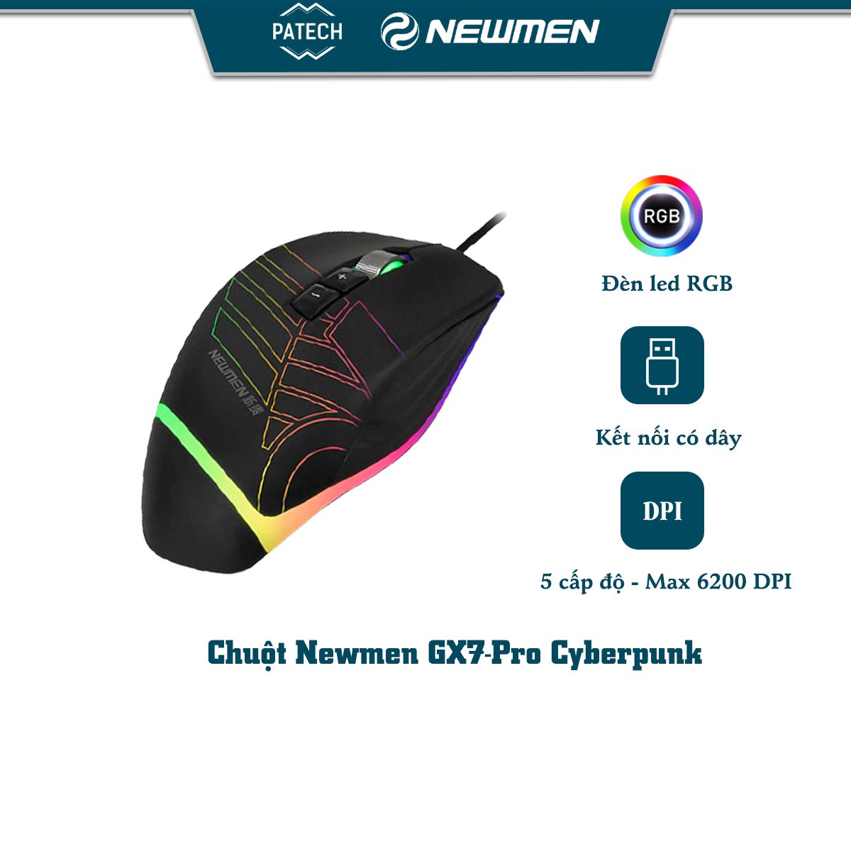 Chuột máy tính có dây Newmen GX7-PRO 6200DPI phong cách Cyberpunk bất đối xứng - Hàng chính hãng
