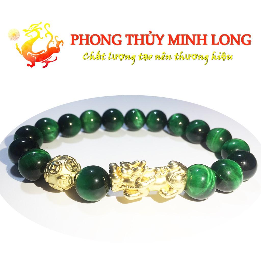 Vòng tay đá Mắt Hổ Xanh Lá chất lượng 5A mix Tỳ Hưu và 1 hạt kim tiền Vàng hợp mệnh Mộc và Mệnh Hỏa