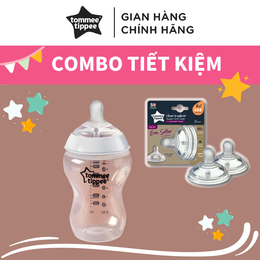 COMBO Bình sữa ty siêu mềm tự nhiên Tommee Tippee Closer to Nature 340ml &amp; Núm ty silicon thay thế 6M+