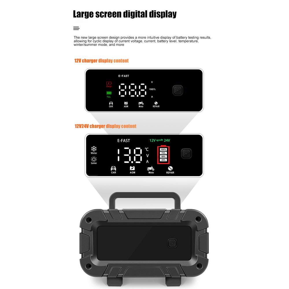 E-FAST Car Battery Chargers 12V Intelligent Pulse Repairing Charge Device Automotive Battery Trickle Maintainer with LCD Digital Display for Car Truck Motorcycle Battery Leadacid Battery Lithium Battery