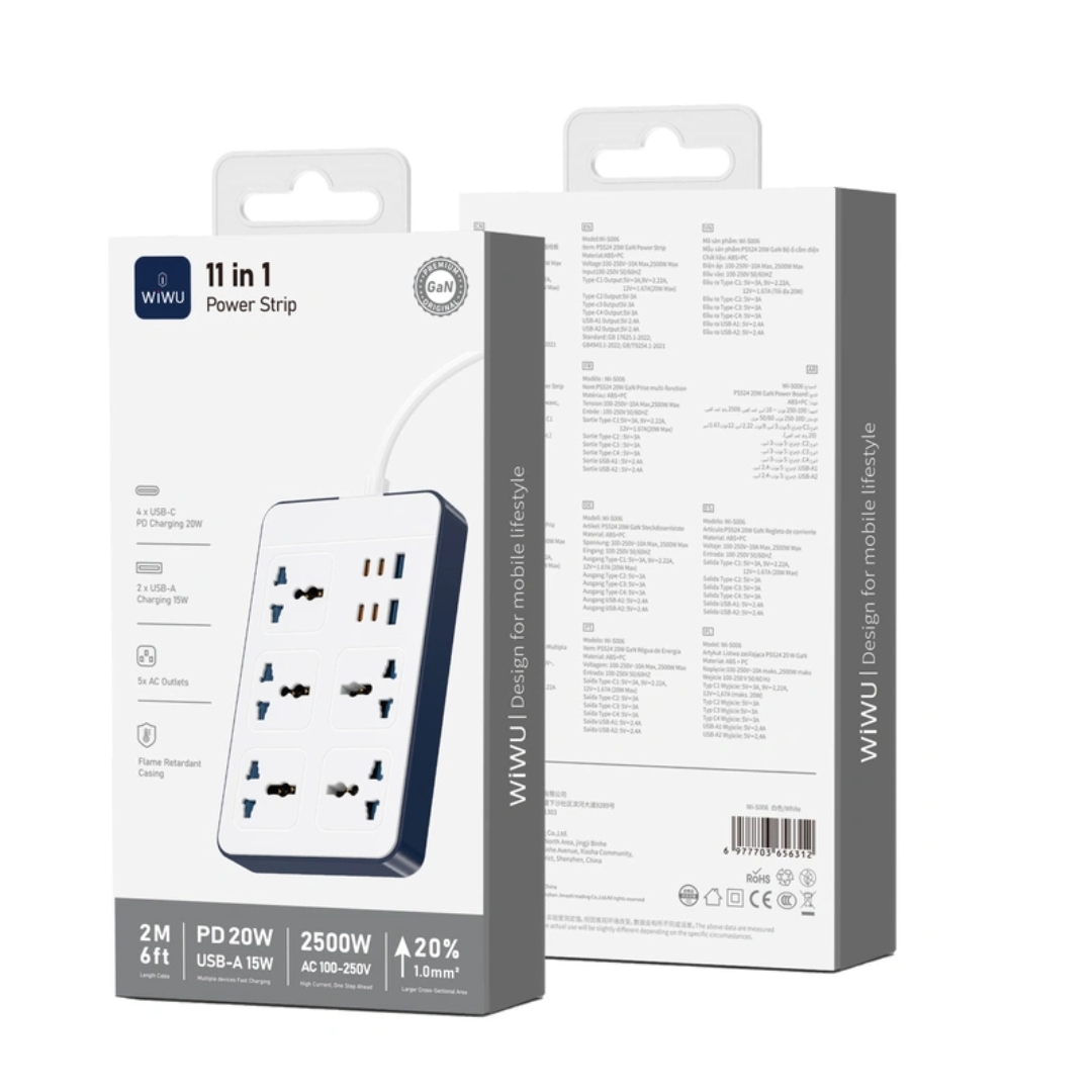Ổ cắm điện đa năng 11 in 1 2500W WIWU Wi-S006 PS524 4 cổng Type-C (PD 20W), 2 cổng USB-A (2.4A), 5 ổ cắm AC, dây điện dài 2m, Chống cháy, Chip Ai an toàn sạc cho iPhone ipad Macbook Vivo oppo samsung huawei - Hàng nhập khẩu
