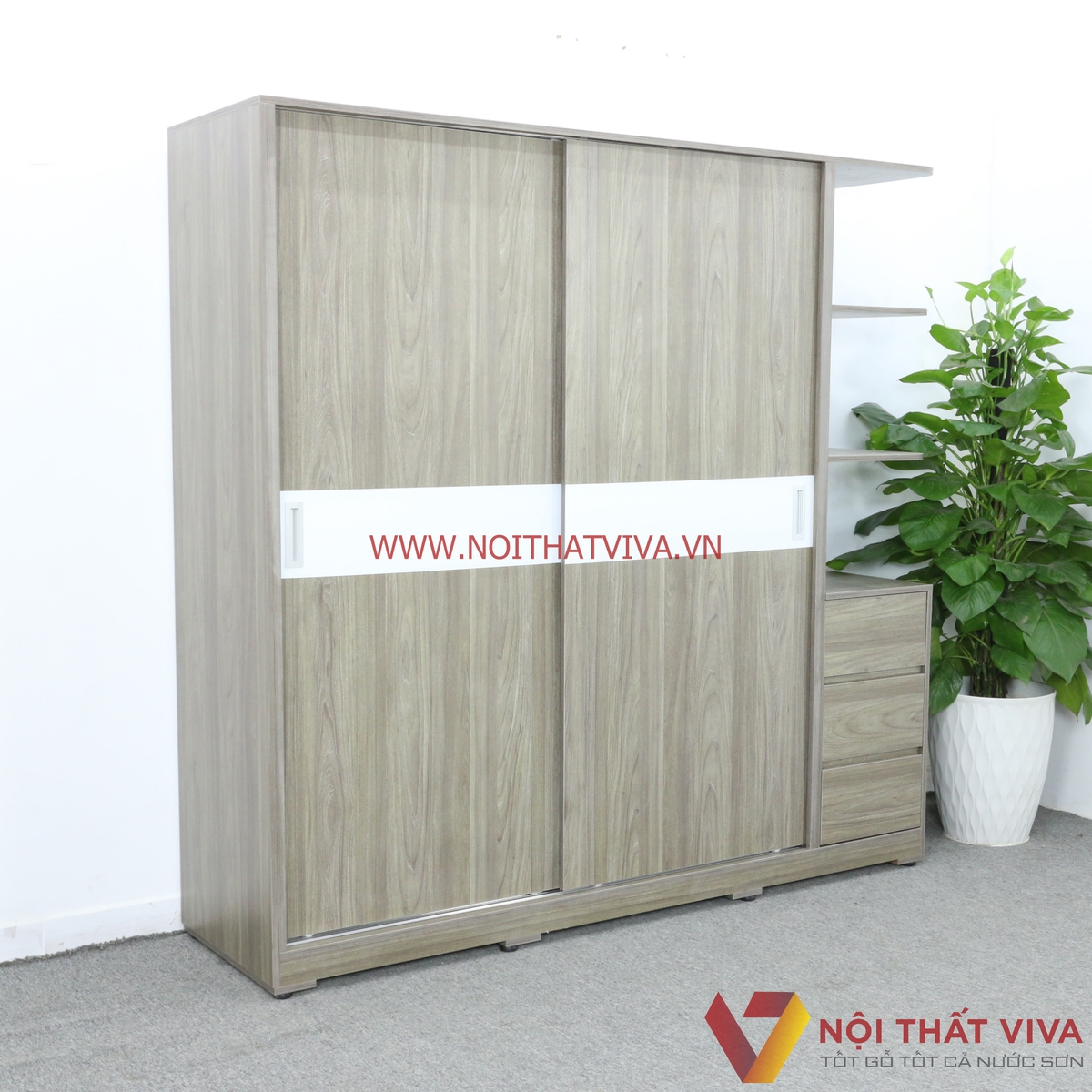 Tủ Quần Áo Cửa Lùa Gỗ MDF Melamine Có Kệ Trang Trí Màu Xám Chỉ Trắng Đẹp