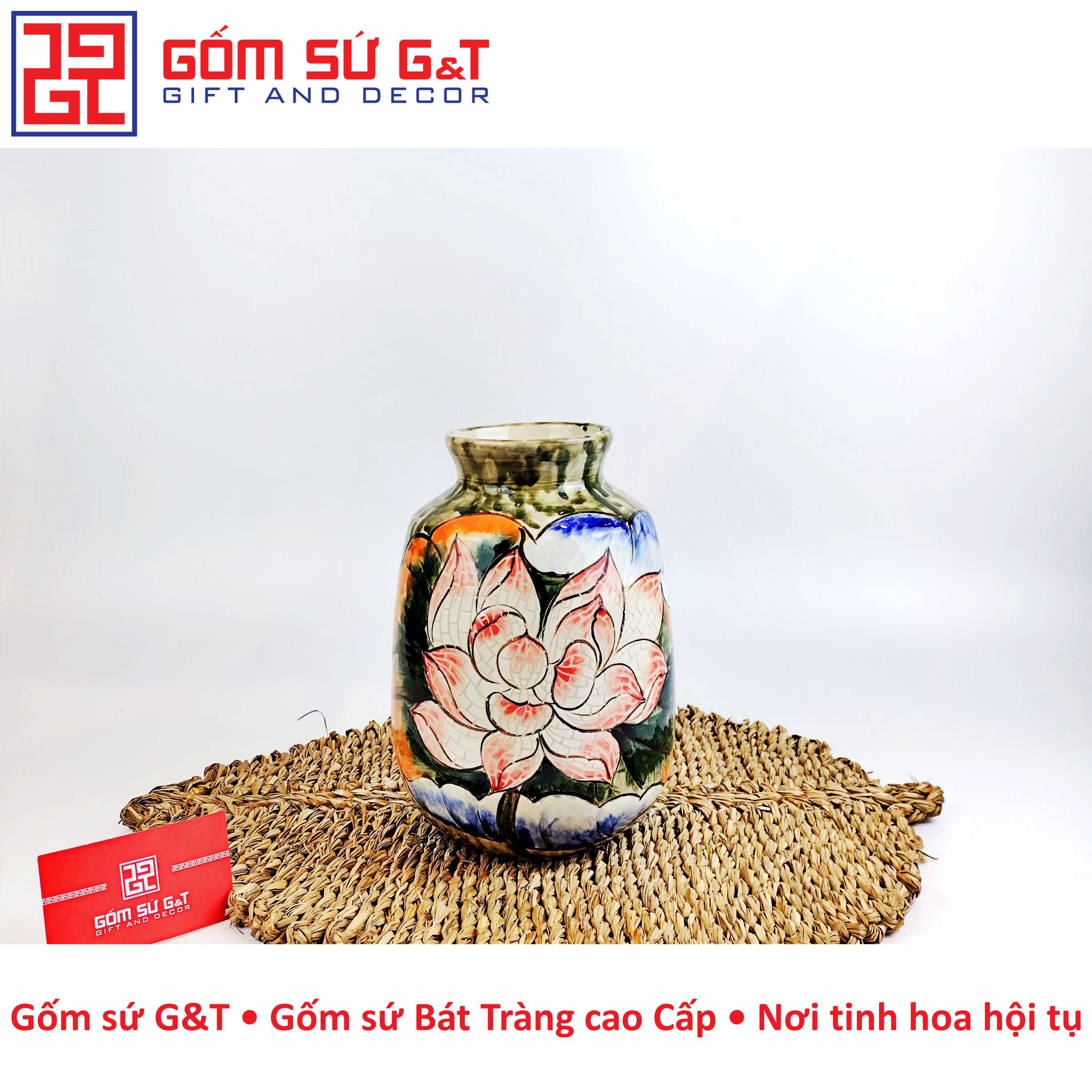 Lọ hoa vai vuông sen hồng Gốm Sứ G&amp;T