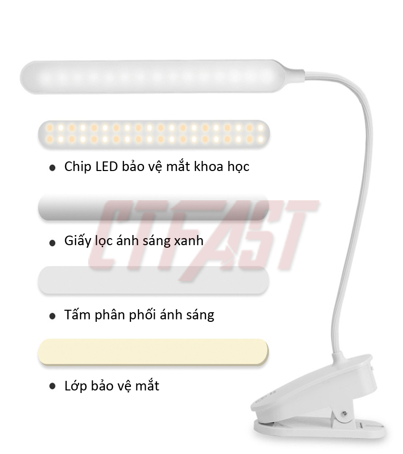 Đèn bàn học chống cận dạng kẹp, đèn bàn học, đèn làm việc LED USB di động CTFAST 03 - Đèn đọc sách thông minh bảo vệ mắt, cảm ứng điều khiển,tích điện sạc USB pin 2000 mAh, thiết kế uốn cong chiếu sáng đa hướng