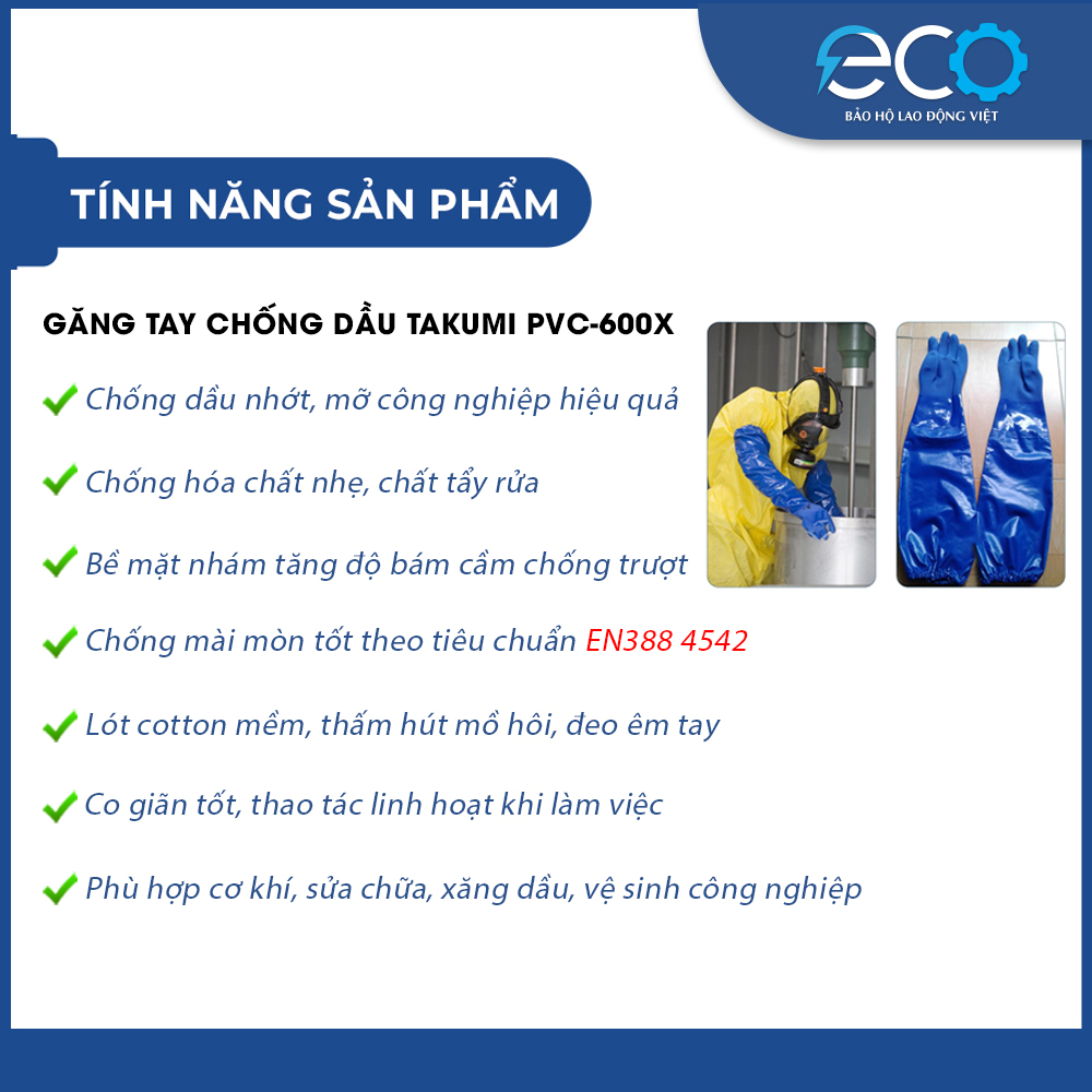 Găng Tay Chống Dầu Takumi PVC-600X Chính Hãng – Chống Dầu Nhớt, Chống Trơn Trượt, Lót Cotton Êm Tay