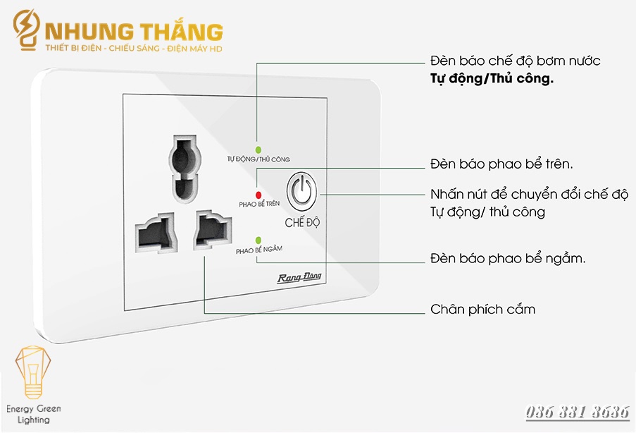 Ổ Cắm Máy Bơm An Toàn Rạng Đông OC03.MB 16A - Ổ Cắm Chống Giật Cấp N guồn 5V Cho Phao Điện - Công Suất 1500W