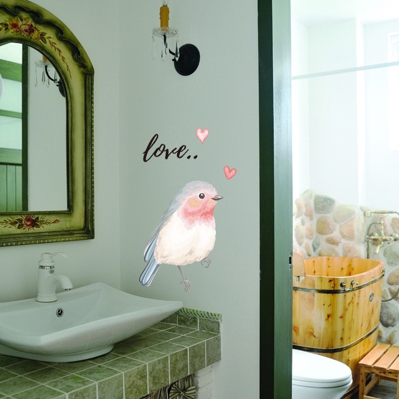 Decal trang trí tường - Chú chim hồng nhạt và chữ Love