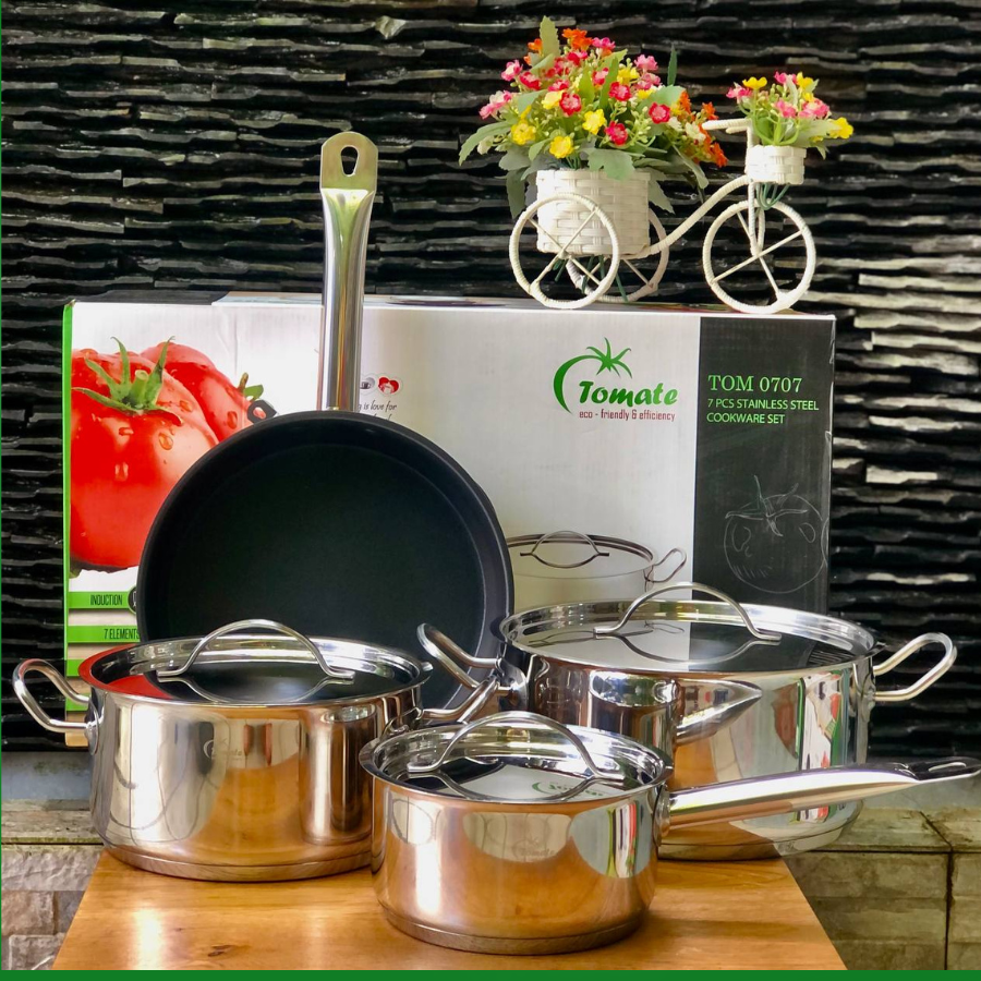 Bộ Nồi Chảo Inox 304 – 7 Món TOM 0707 - Nồi từ - 5 lớp đáy - chảo chống dính - nắp inox