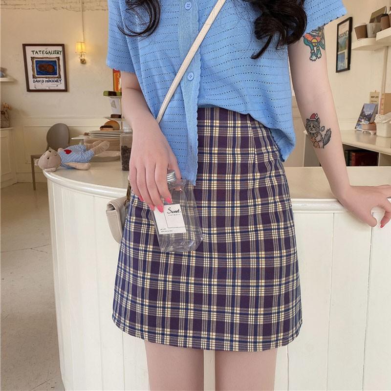 Korean High Waist Plaid Straight Skirt High Waist Was Thin Plaid Skirt