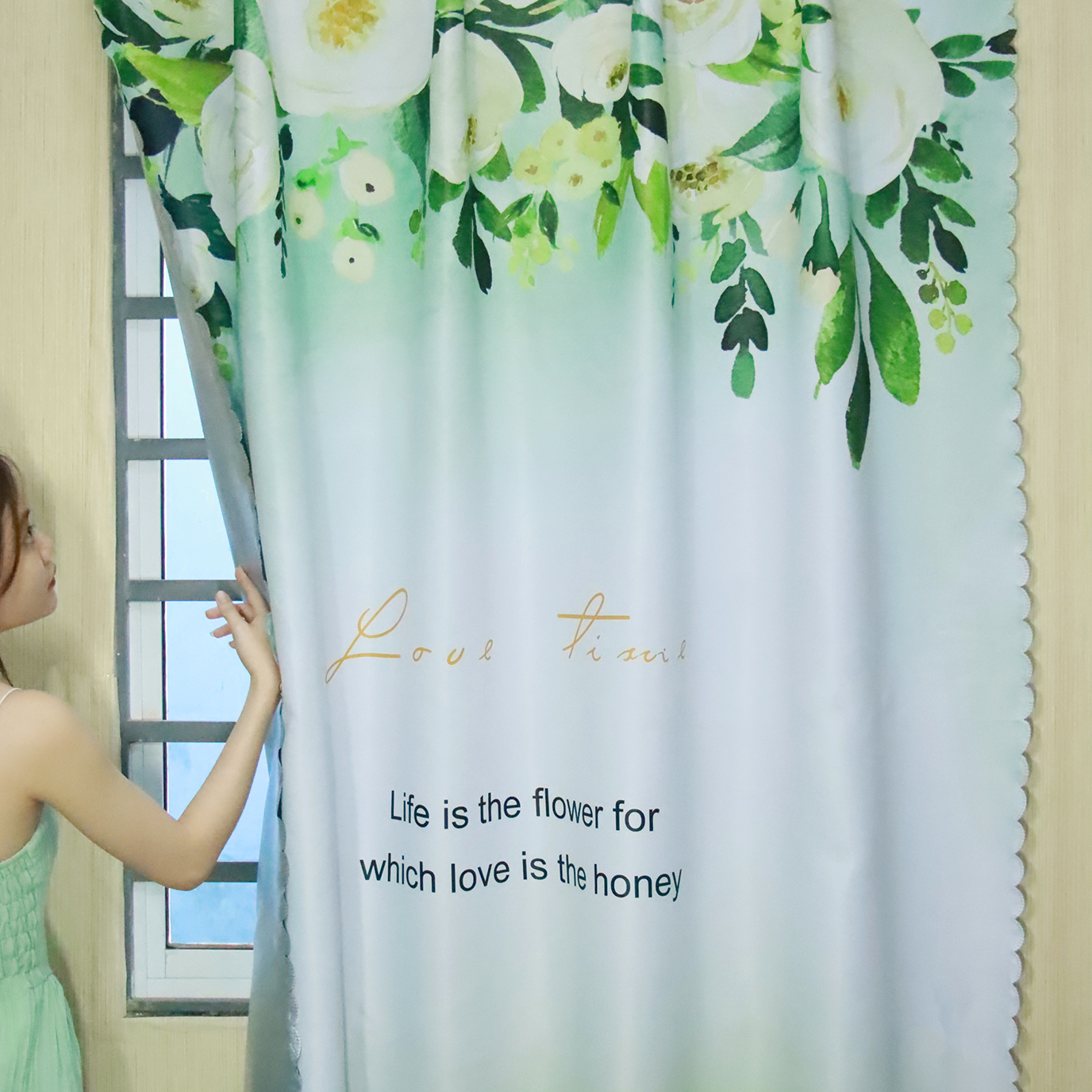 Rèm Vải Khoen Lỗ, Khoen Ri Đô, Rèm Dán HOA HỒNG TRẮNG Vải Dày Khả Năng Chống Nắng Cao