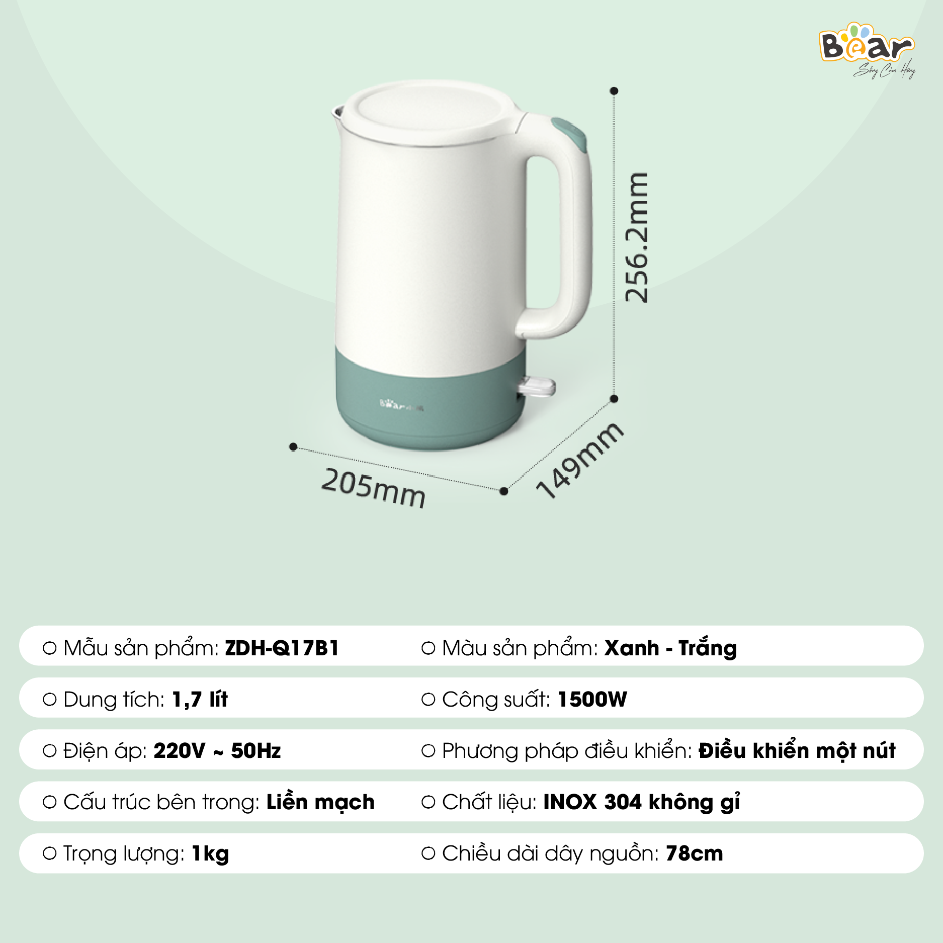 Ấm Siêu Tốc 1,7L Bear Công Suất Lớn, Bình Đun Nước Nóng Nhanh Pha Trà, Bền Bỉ ZDH-Q17B1 - Hàng Chính Hãng