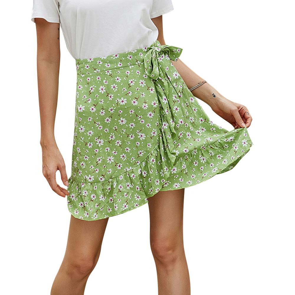 Women Ruffles Mini Skirt Bow Tie A-Line High Waist Floral Print Elastic Short Casual Summer Beach Holiday Light Green