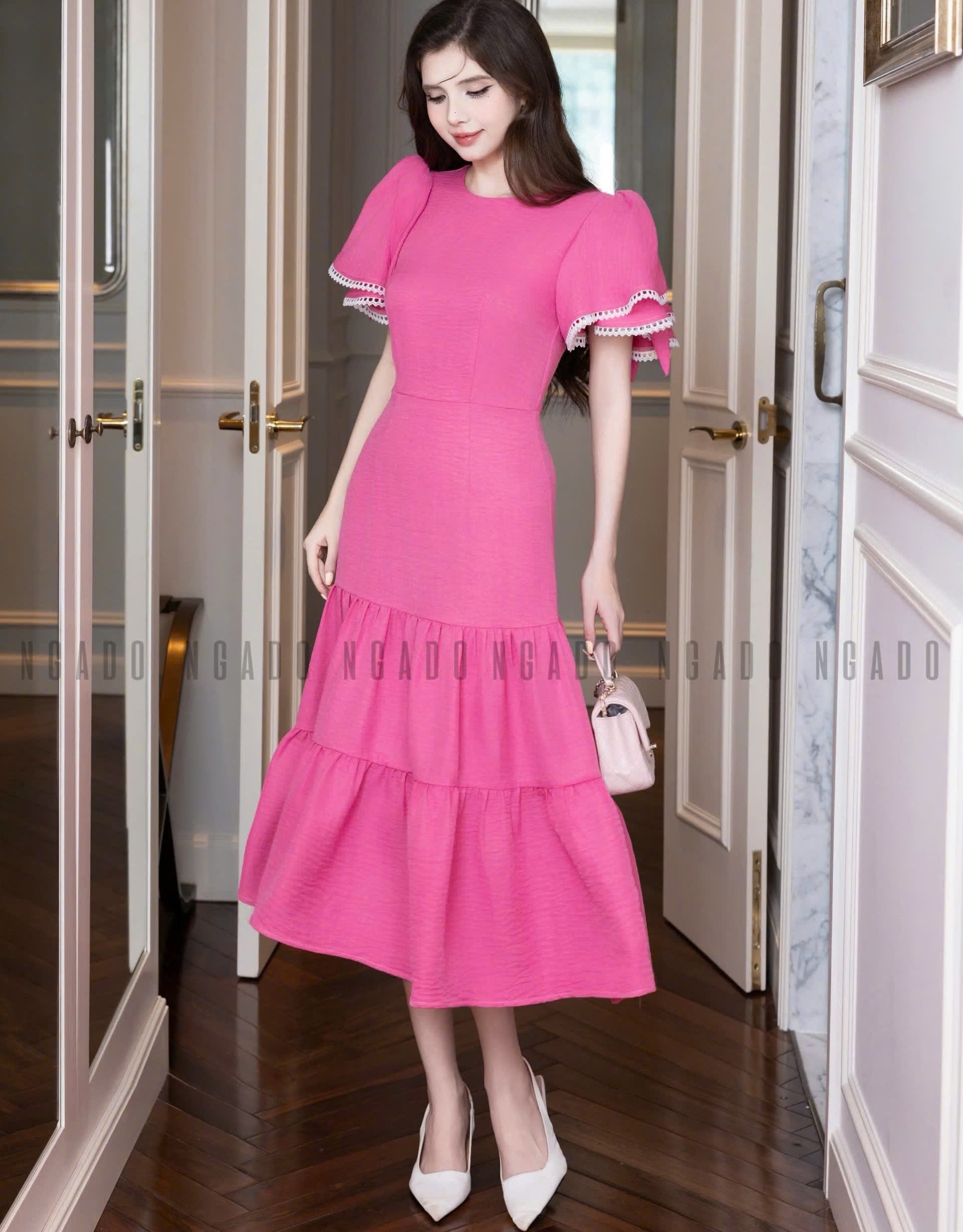 Đầm hồng sen phối ren NGADO , đầm dài , đầm Nữ , đầm công sở , dự tiệc