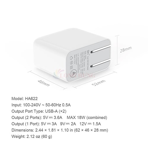 Cốc sạc ZMI 2USB QC3.0 18W HA622 - Hàng chính hãng