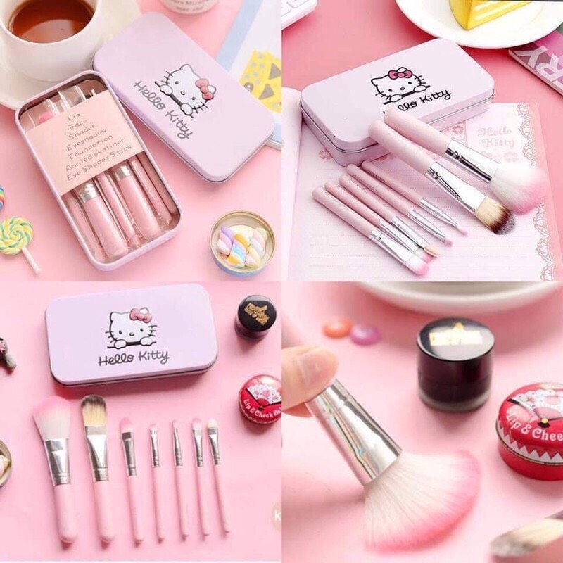 Set Cọ Trang Điểm 7 Cây kèm hộp màu hồng Hello Kitty Mini Brush Kit tặng gương trang điểm mini dễ thương tiện dụng (Hình thật thực tế sp)
