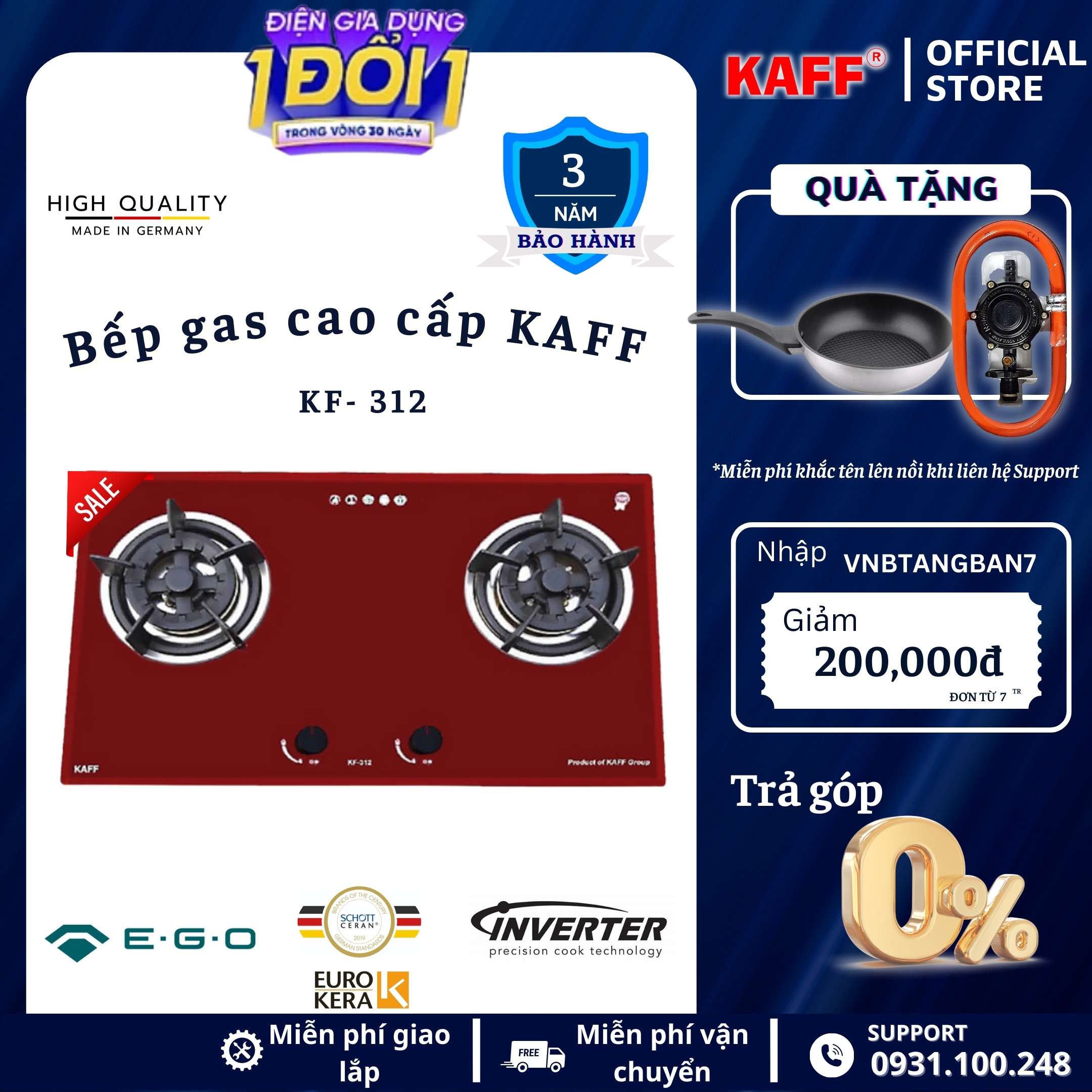 Bộ Bếp ga âm đỏ sang trọng KAFF KF- 312 bao gồm: Bếp ga + chảo chống dính cao cấp + bộ van ga - Hàng chính hãng