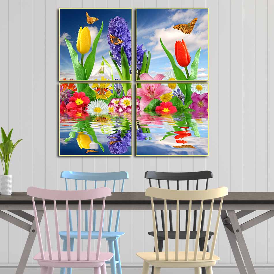 Bộ 4 tranh canvas treo tường Decor hoa lá trang trí phòng ăn, phong cách hiện đại - DC052