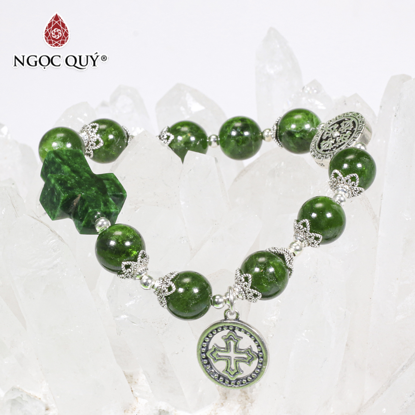 Vòng tay mân côi đá diopside phối thánh giá cẩm thạch sơn thủy charm bạc mệnh hỏa, mộc - Ngọc Quý Gemstones