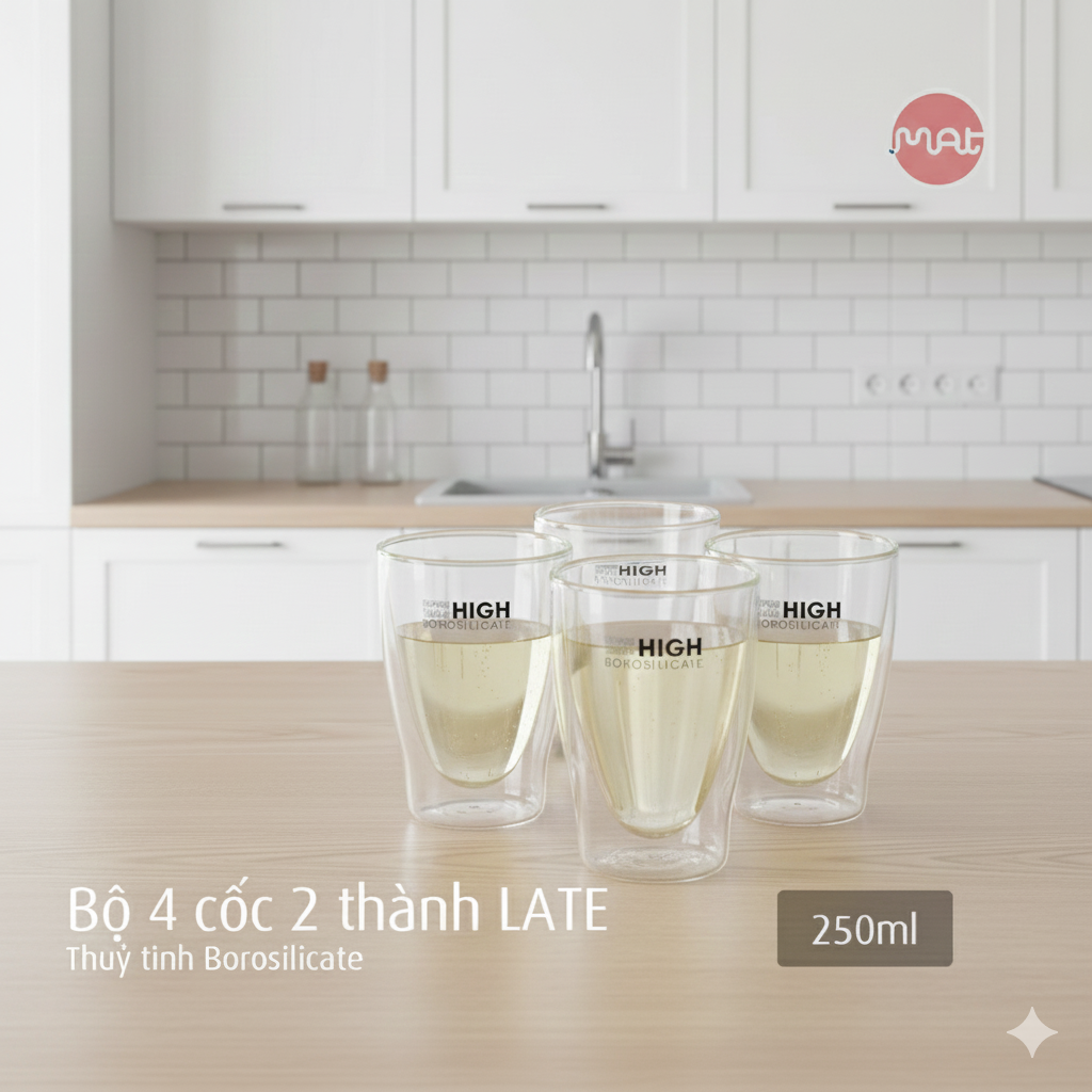 Bộ 4 Cốc LATE 2 Thành Thủy Tinh High Borosilicate Hai Lớp Cách Nhiệt, Chịu Nhiệt Cao, An Toàn Dùng