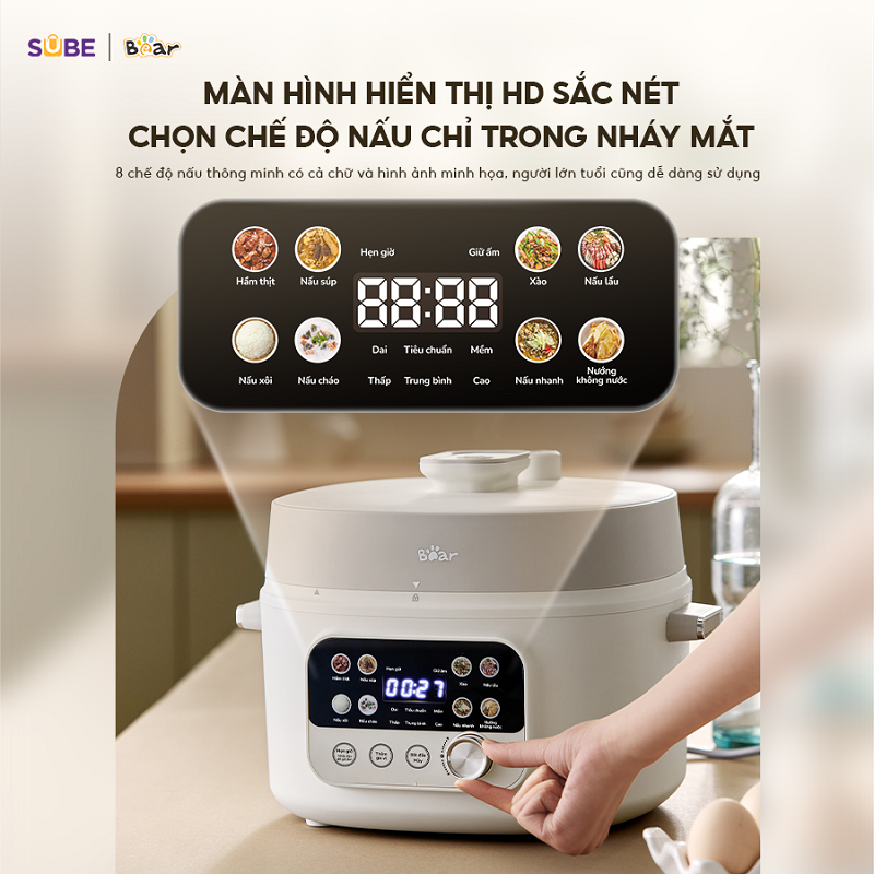 Nồi Áp Suất 4L Bear Đa Năng 8 Chế Độ Ninh Hầm Lẩu Nướng Sôi Nhanh Chống Dính Dễ Vệ Sinh An Toàn Bản Tiếng Việt SB-AS40W - Hàng Chính Hãng