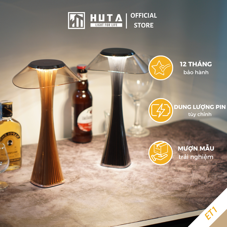 Đèn Led Để Bàn Quầy Bar Nhà Hàng Huta ET1 Cảm Ứng Tích Điện Pin Sạc Điều Chỉnh Độ Sáng, 3 Màu Sắc Ánh Sáng, Decor Trang Trí Quán Cà Phê, Lounge