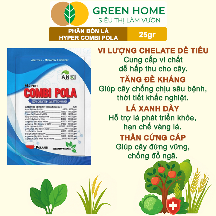 Phân Bón Lá Trung Vi Lượng Hyper Combi - Pola GreenHome, Gói 25Gr, Dạng Cốm Cao Cấp, Tăng Năng Suất